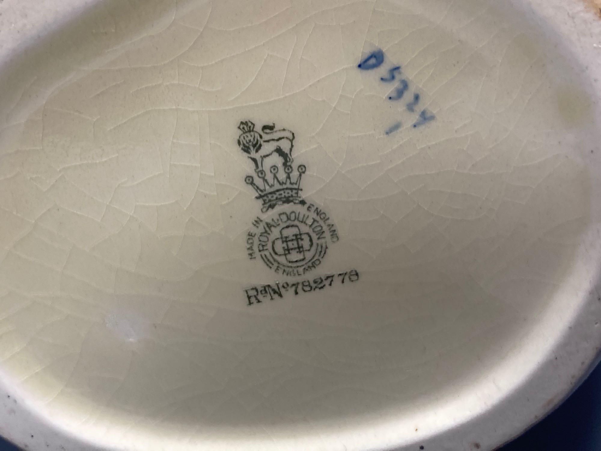 Royal Doulton John Barleycorn large and small character jugs, two Royal Doulton Pickwick and Old Mac tiny character jugs, Royal Doulton